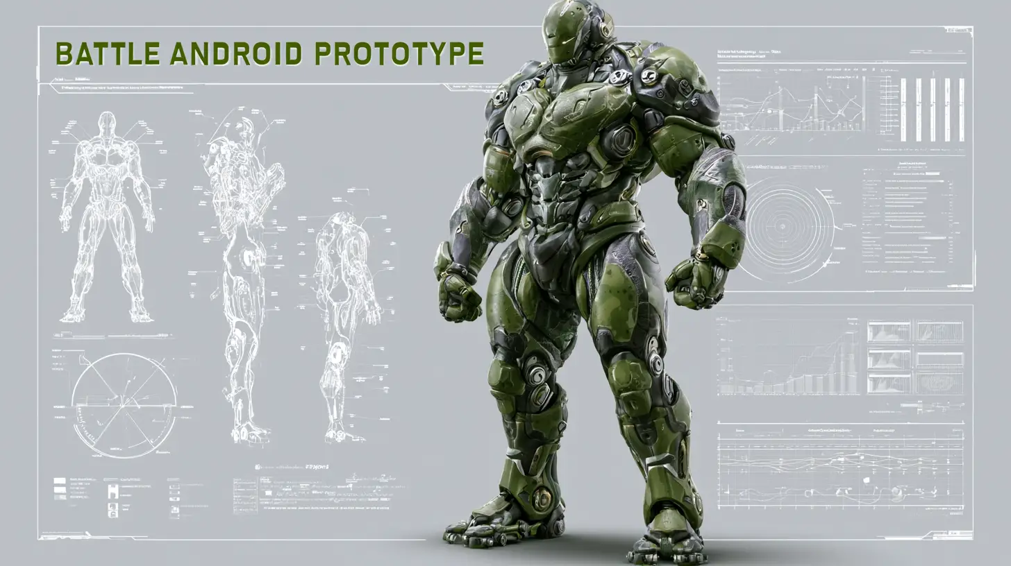 Diagramma di ingegneria 3D di un massiccio prototipo di cyborg da battaglia