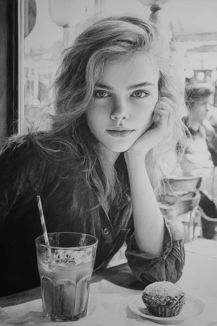 Young woman at cafe table in pencil portrait