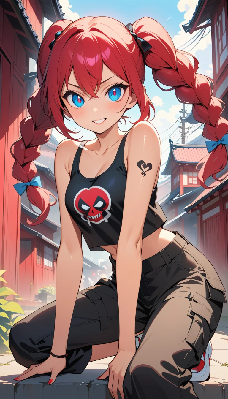 Smiling anime girl in streetwear on a sunny Japanese street