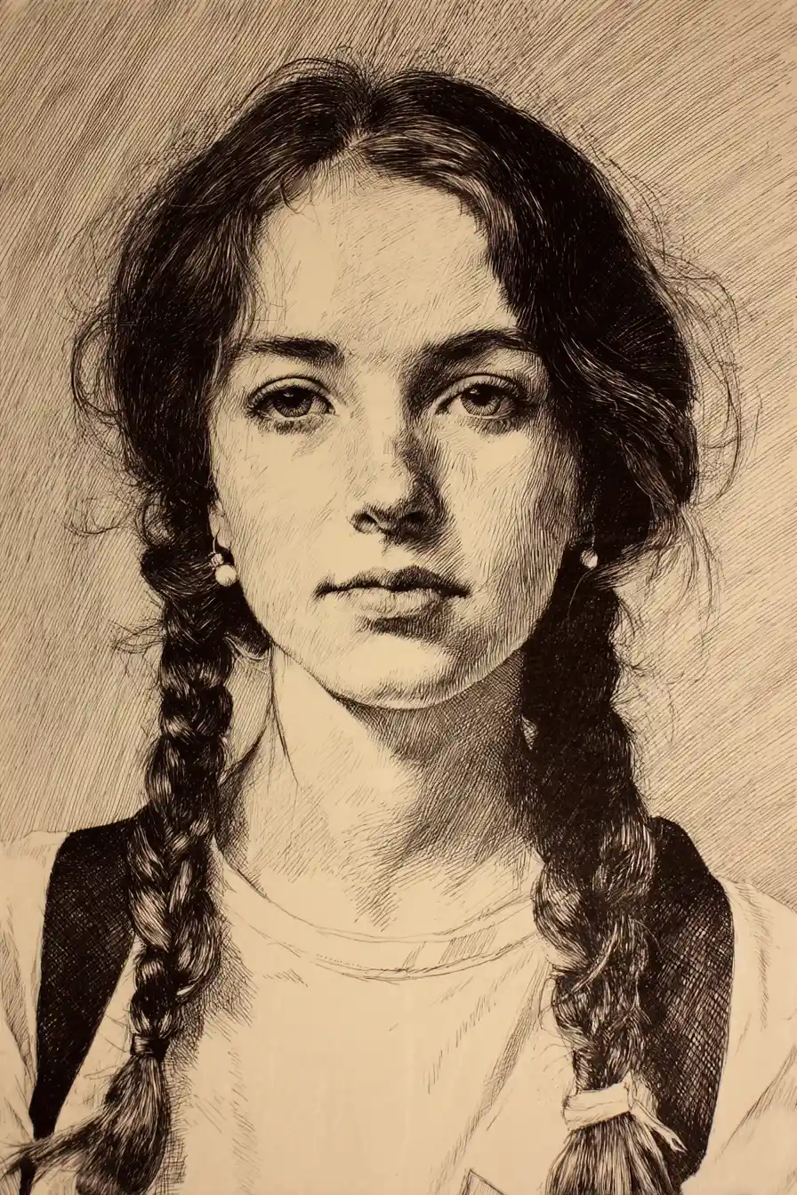 Ink portrait of a braided young woman with gentle confident gaze