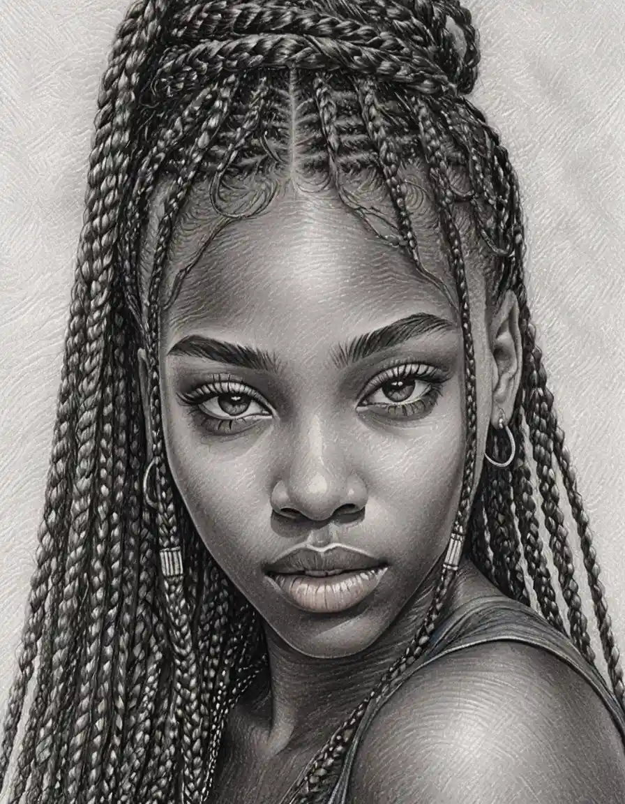 Close up pencil portrait of a young woman with braids