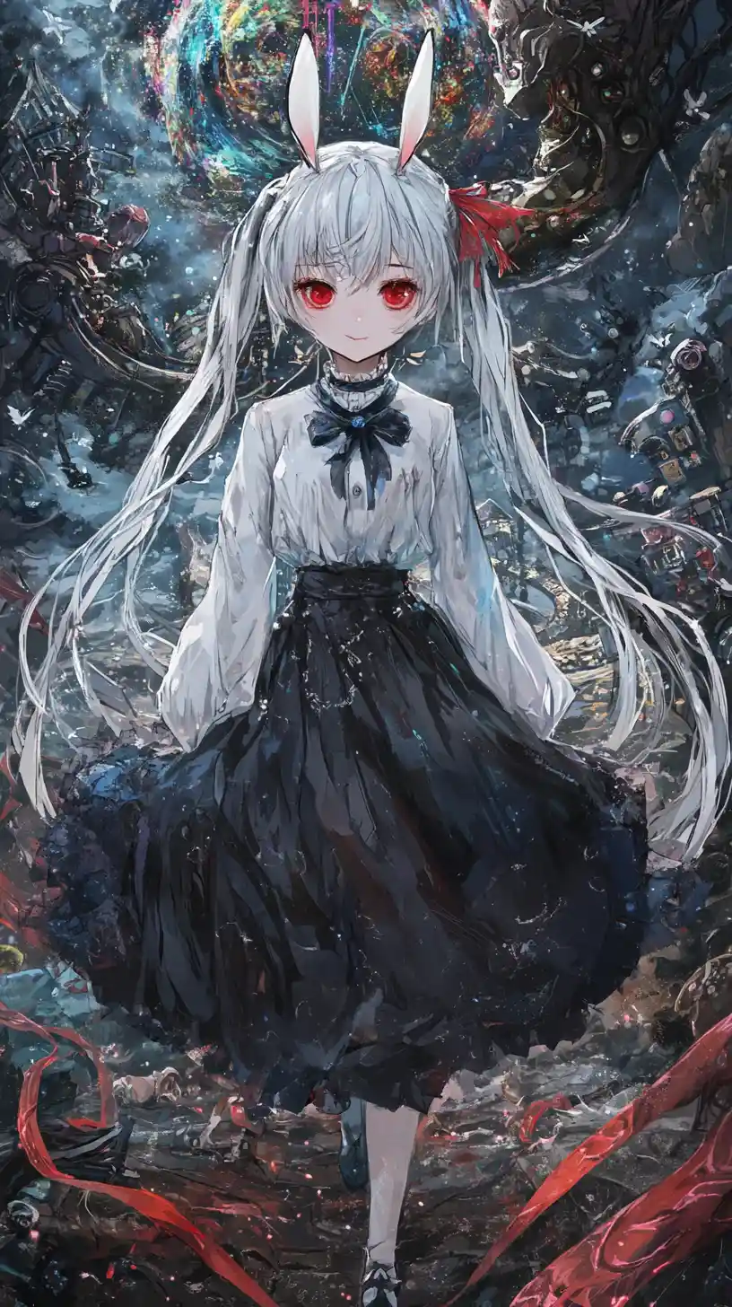 不気味な笑みを浮かべたアニメ少女が木の橋を歩く