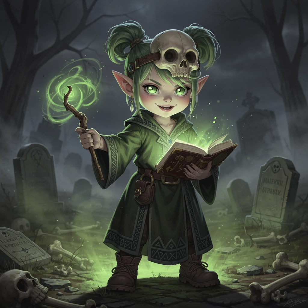 Dark fantasy gnome girl necromancer with mask and spellbook