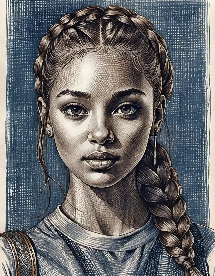 Ink portrait of a young woman with braided auburn hair