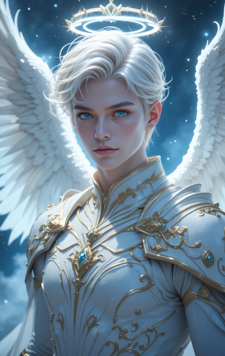 Guerrero angelical rubio con alas blancas en estilo anime