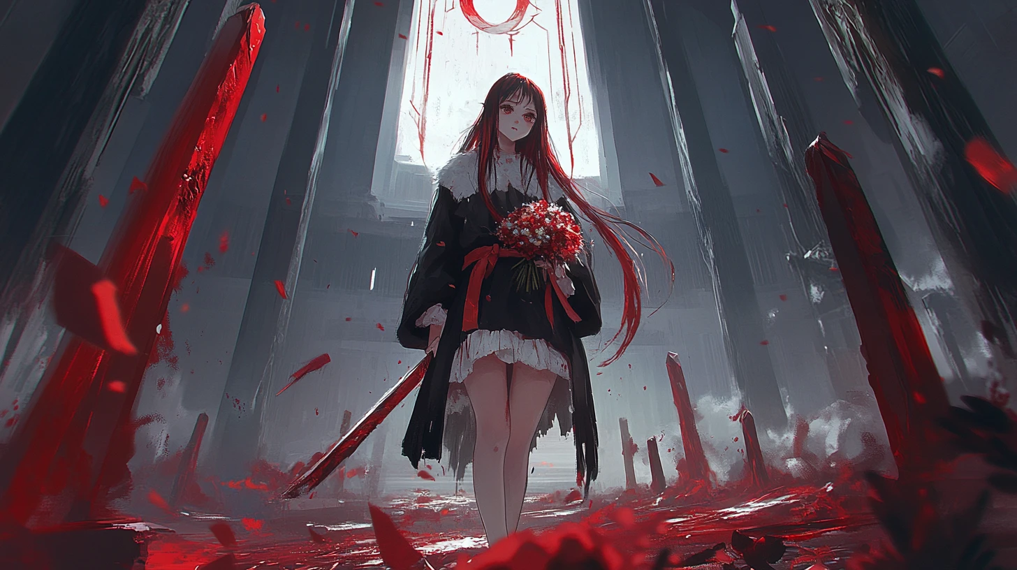Sad anime girl walking through a field of swords