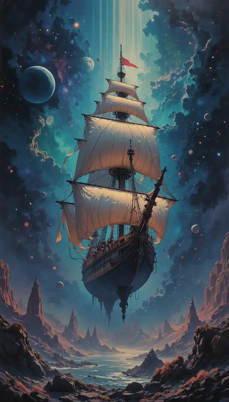 Galera fantasmal navegando a través de una colorida nebulosa cósmica