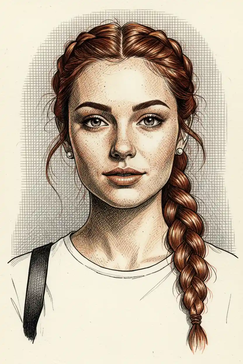 Ink portrait of a braided young woman with gentle confident gaze