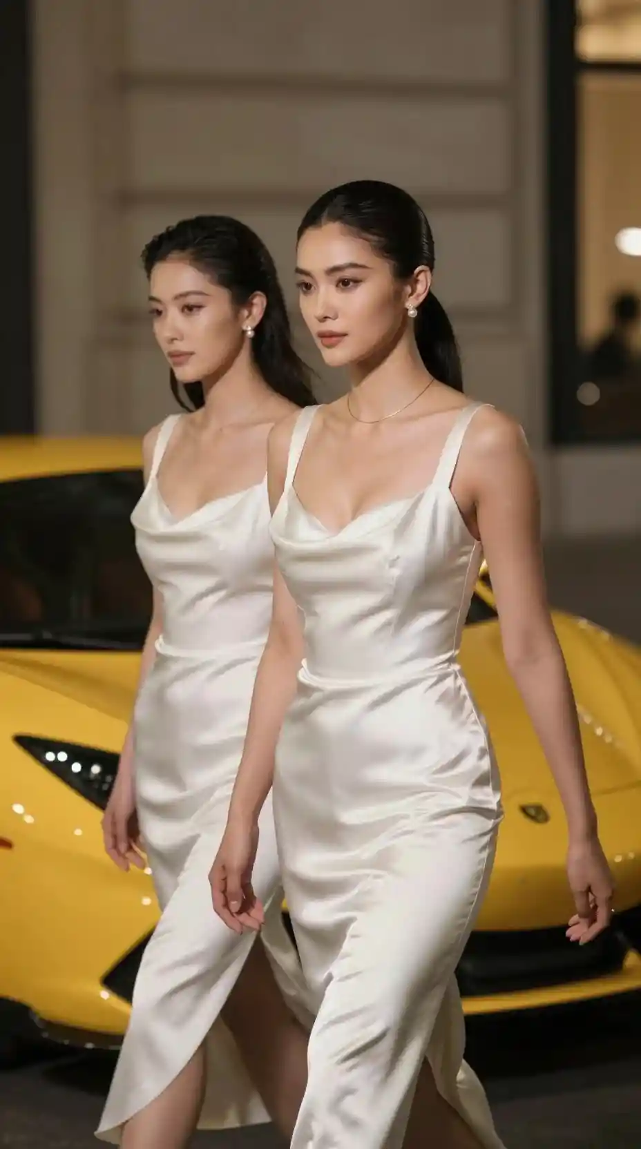 白いサテンのドレスを着た2人の女性がスポーツカーのそばを歩く