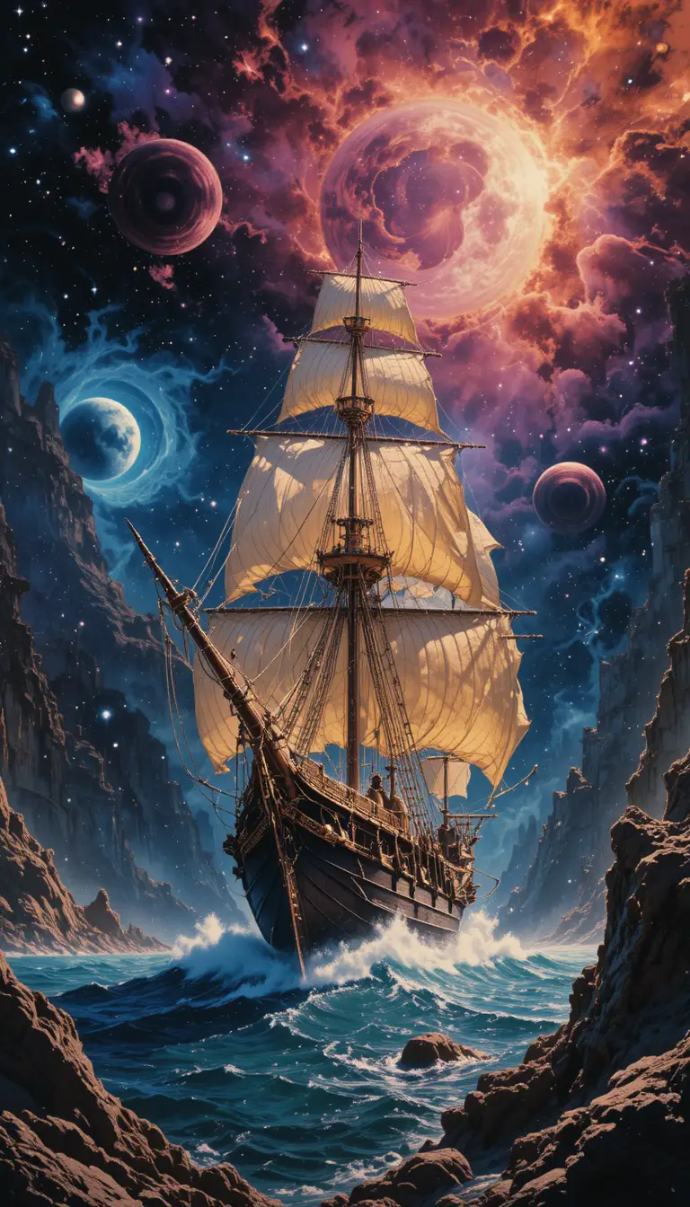 Ghostly galleon sailing through a vibrant cosmic nebula