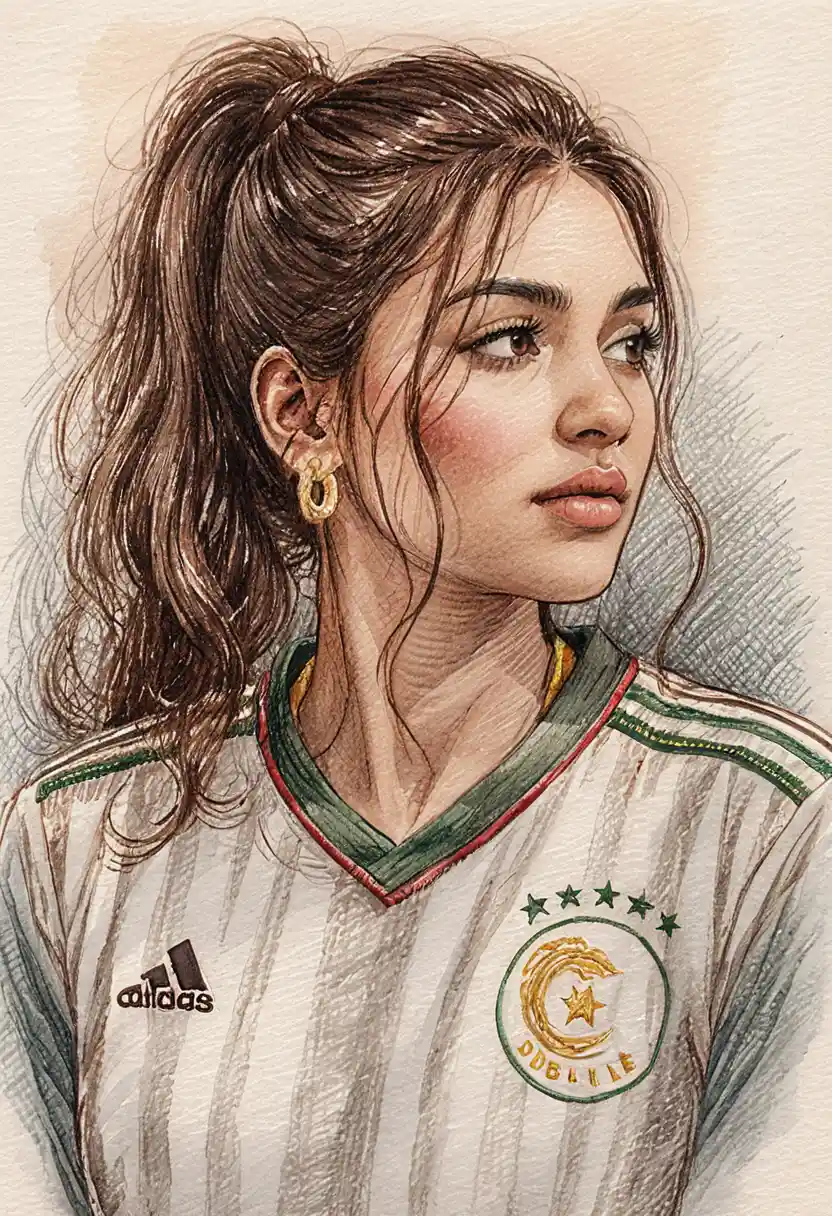 Pen drawing of a serene young woman in an Algeria jersey