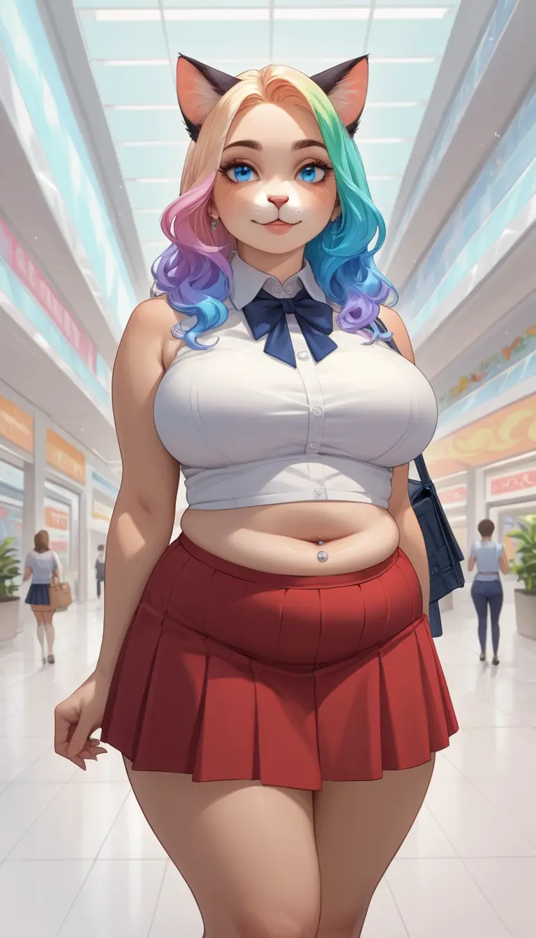 Chica gato de anime en primer plano en el interior de un centro comercial