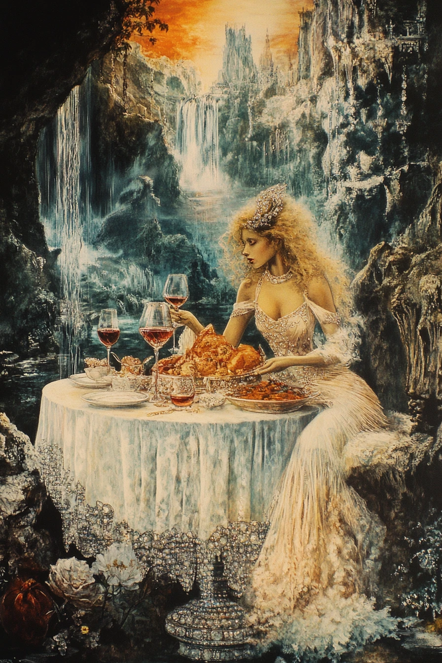 Mujer mística cenando en una caverna de diamantes resplandecientes