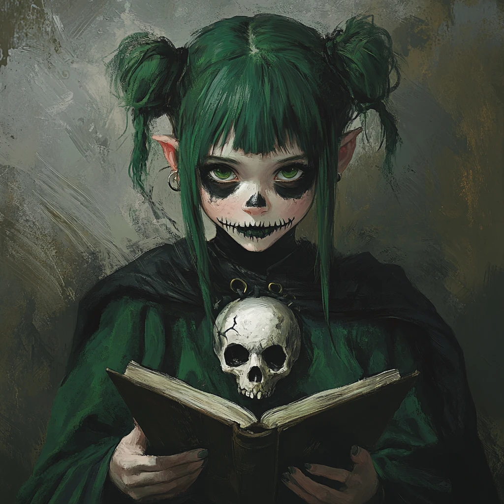 Cute gnome necromancer girl with skull mask and spellbook