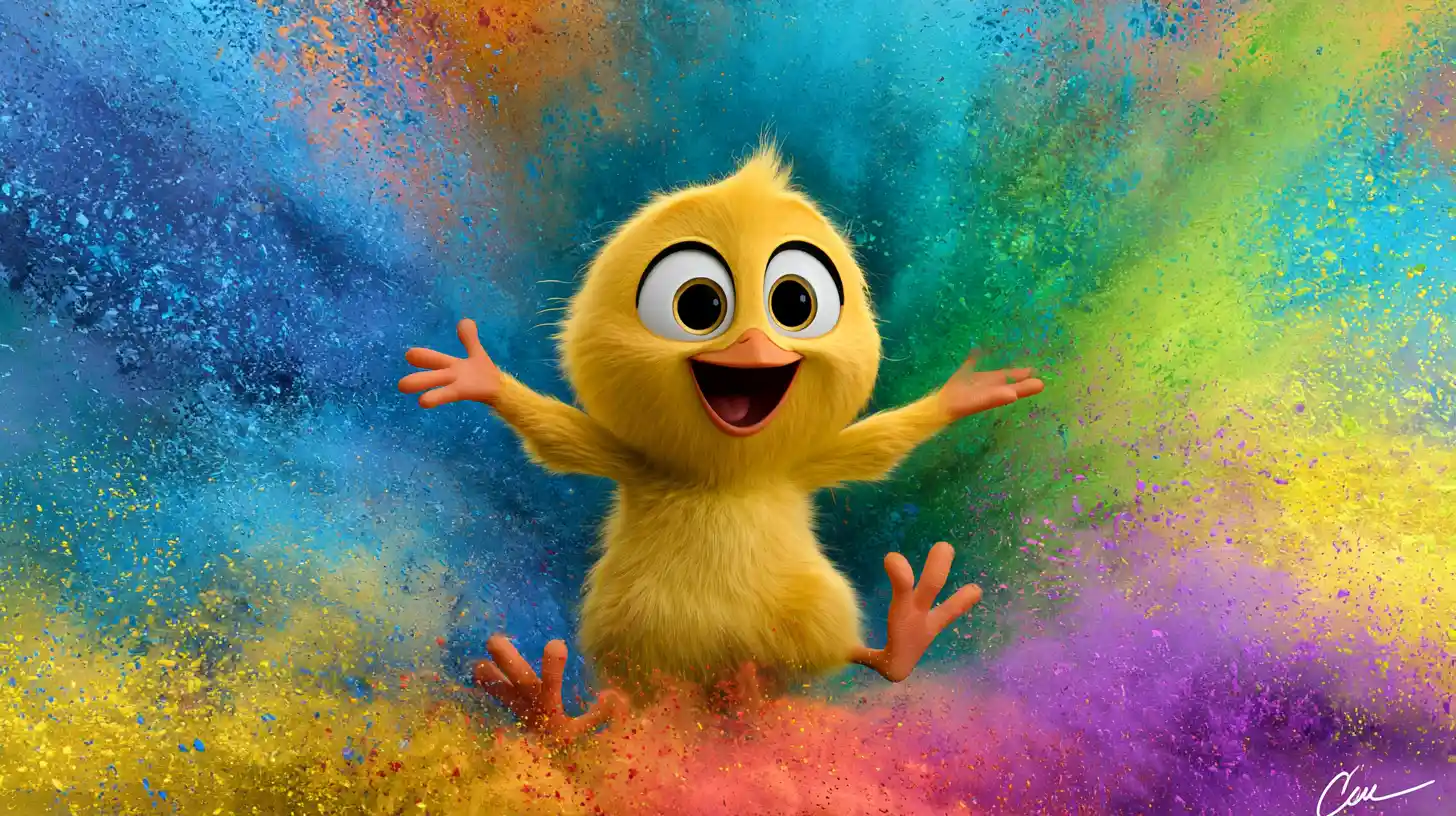 Pequeño pollito amarillo rodeado de vibrantes nubes de polvo de colores