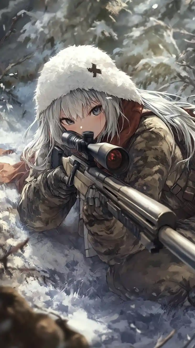 Chica francotiradora de anime camuflada apuntando a un monstruo oscuro distante