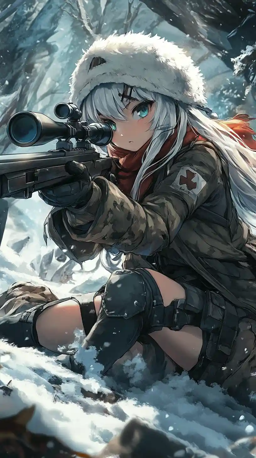 Camouflaged anime sniper girl aiming toward distant dark monster