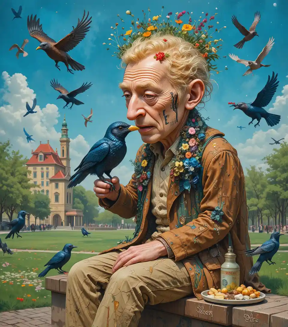 Colorful scarecrow man feeding techno ravens in city park