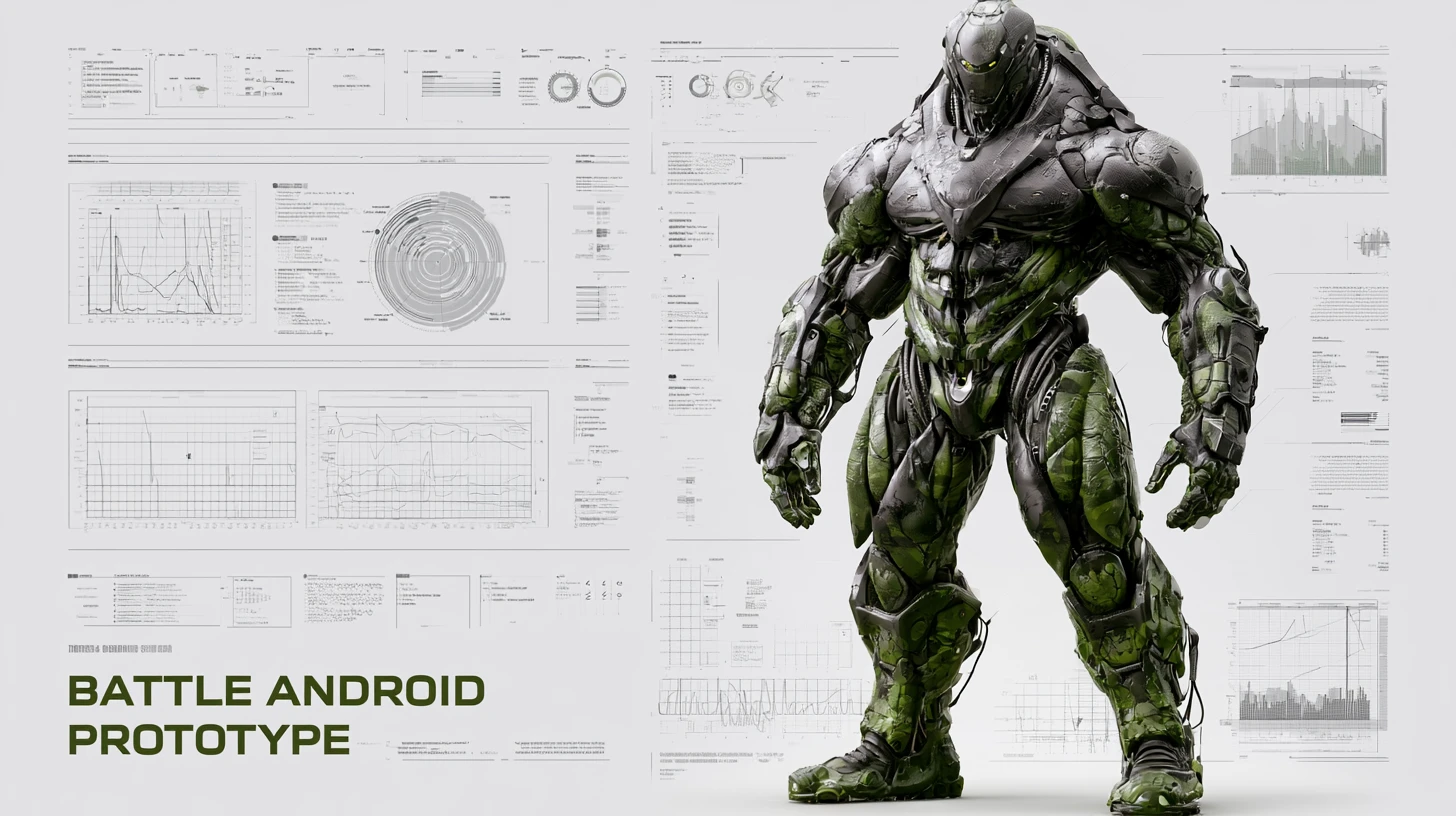 Technical 3D diagram of a massive battle cyborg prototype
