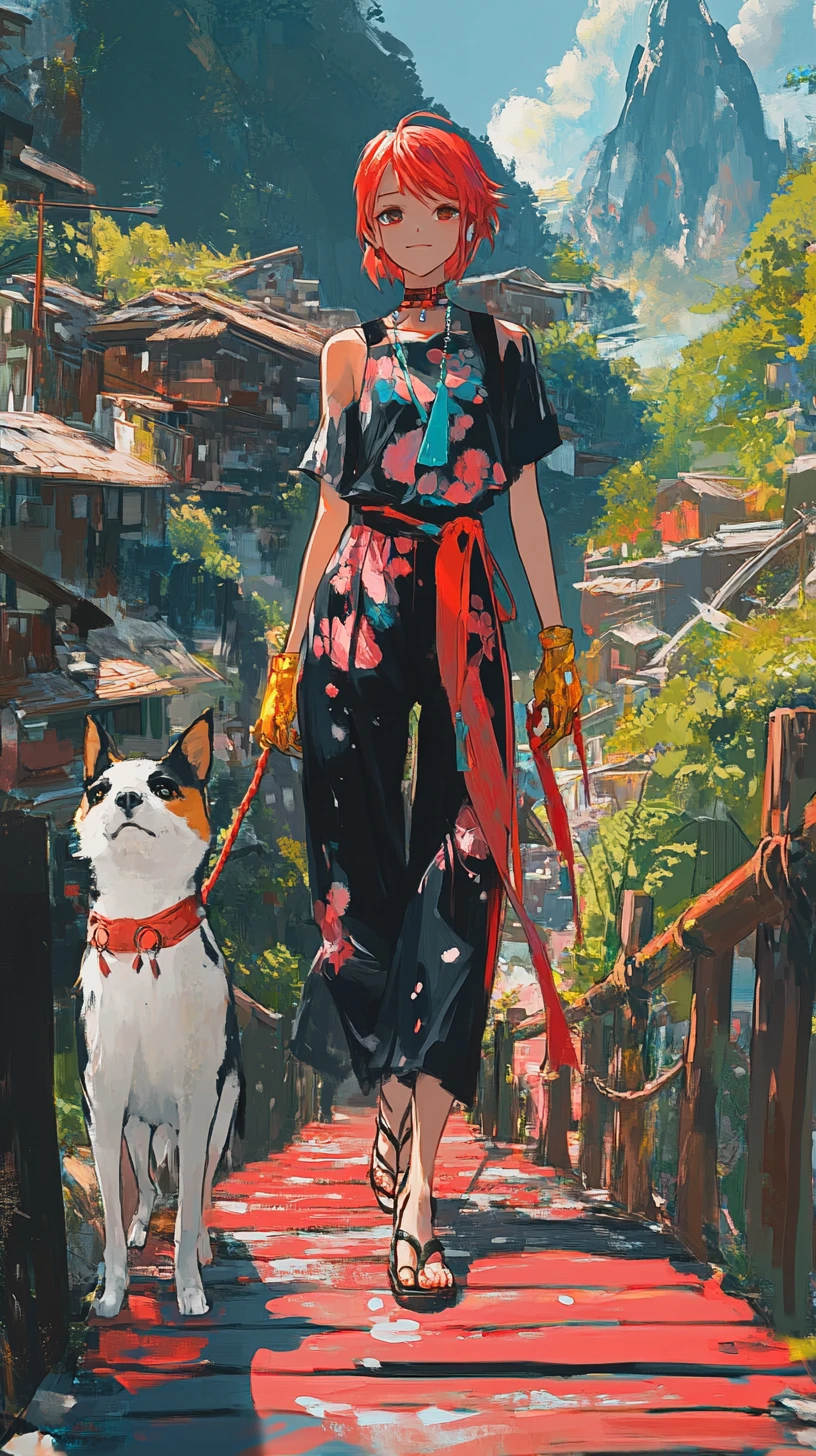 Ragazza anime che cammina su un ponte di legno con un cane