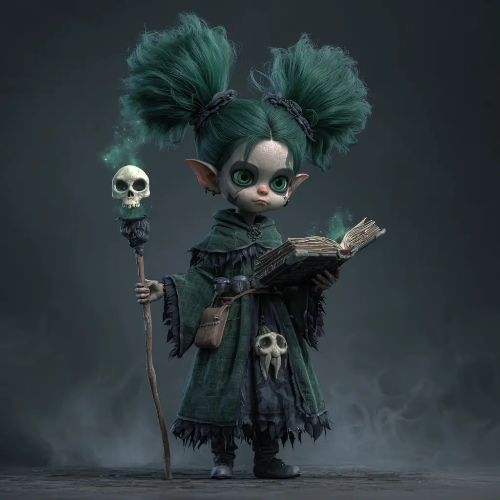 Gnome necromancer girl with skull mask and magic book