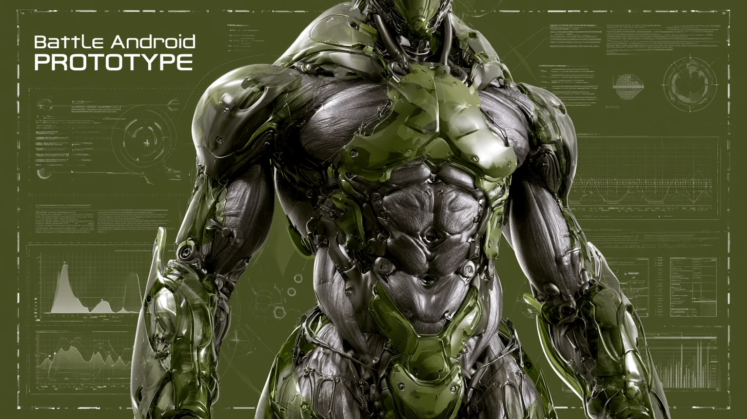 Technical diagrams of a massive battle cyborg prototype
