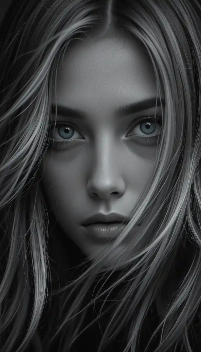 Ritratto monocromatico intenso di donna con capelli al vento