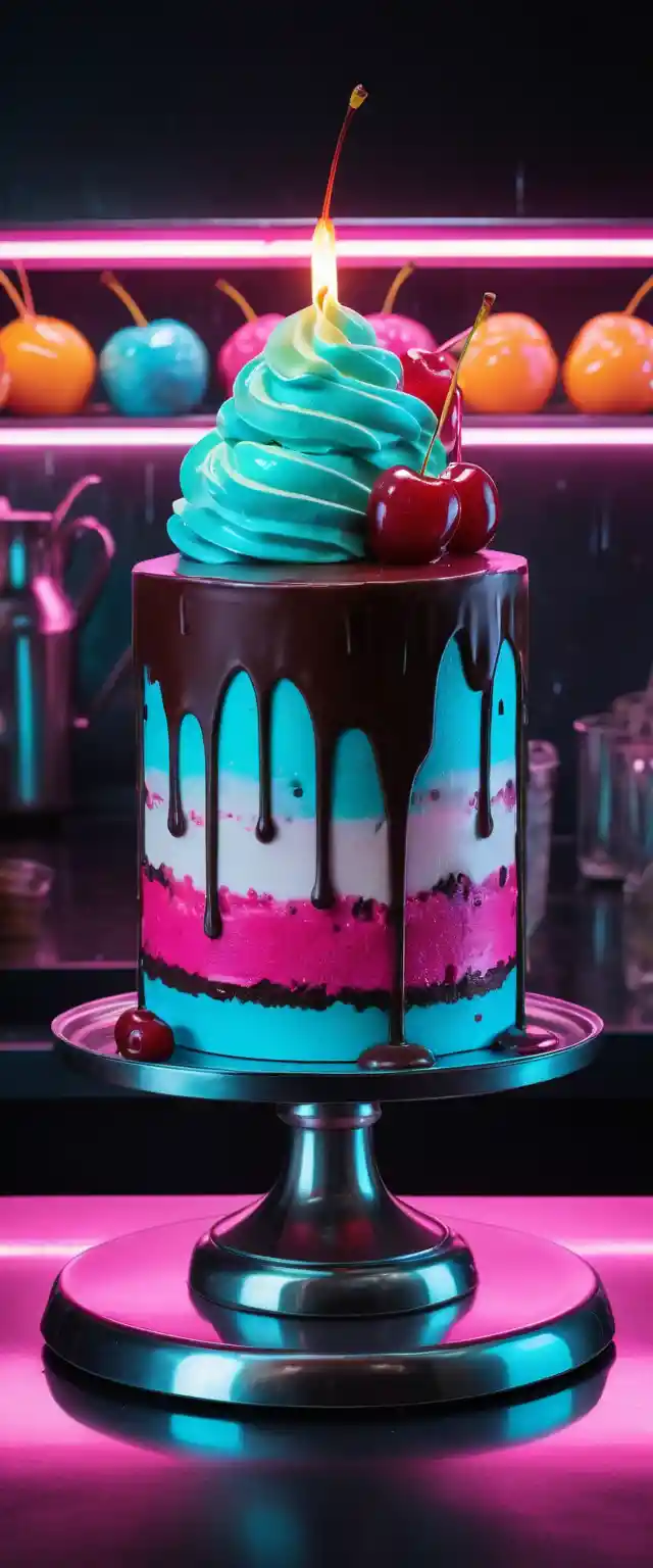 Pastel selva negra neón en un laboratorio de postres futurista