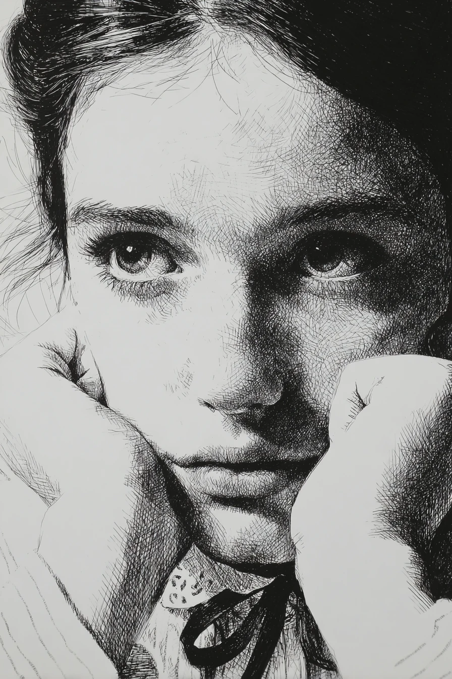 Retrato em tinta de uma jovem contemplativa em close-up