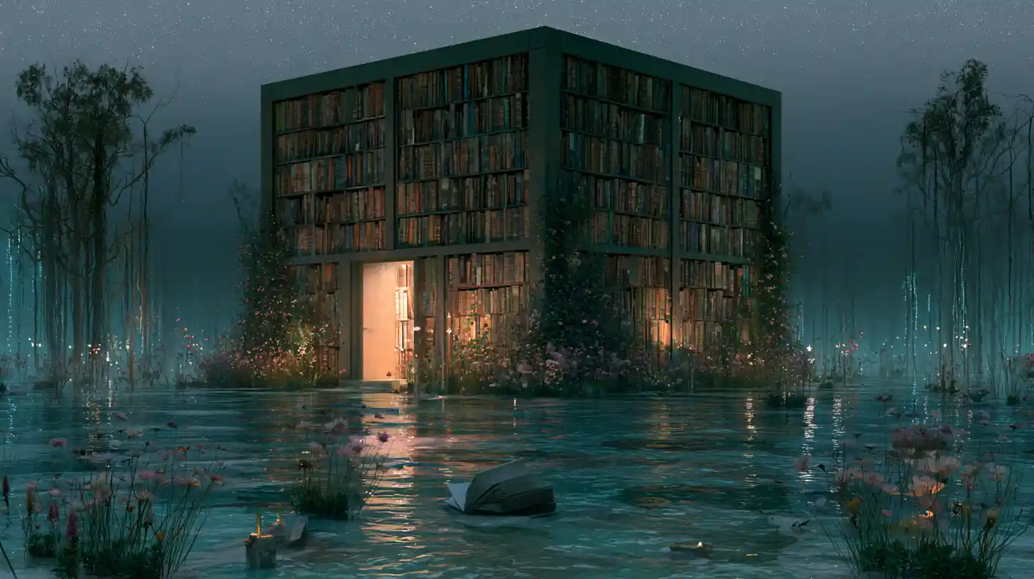 Surreal mystical library hidden in the ruins of Atlantis