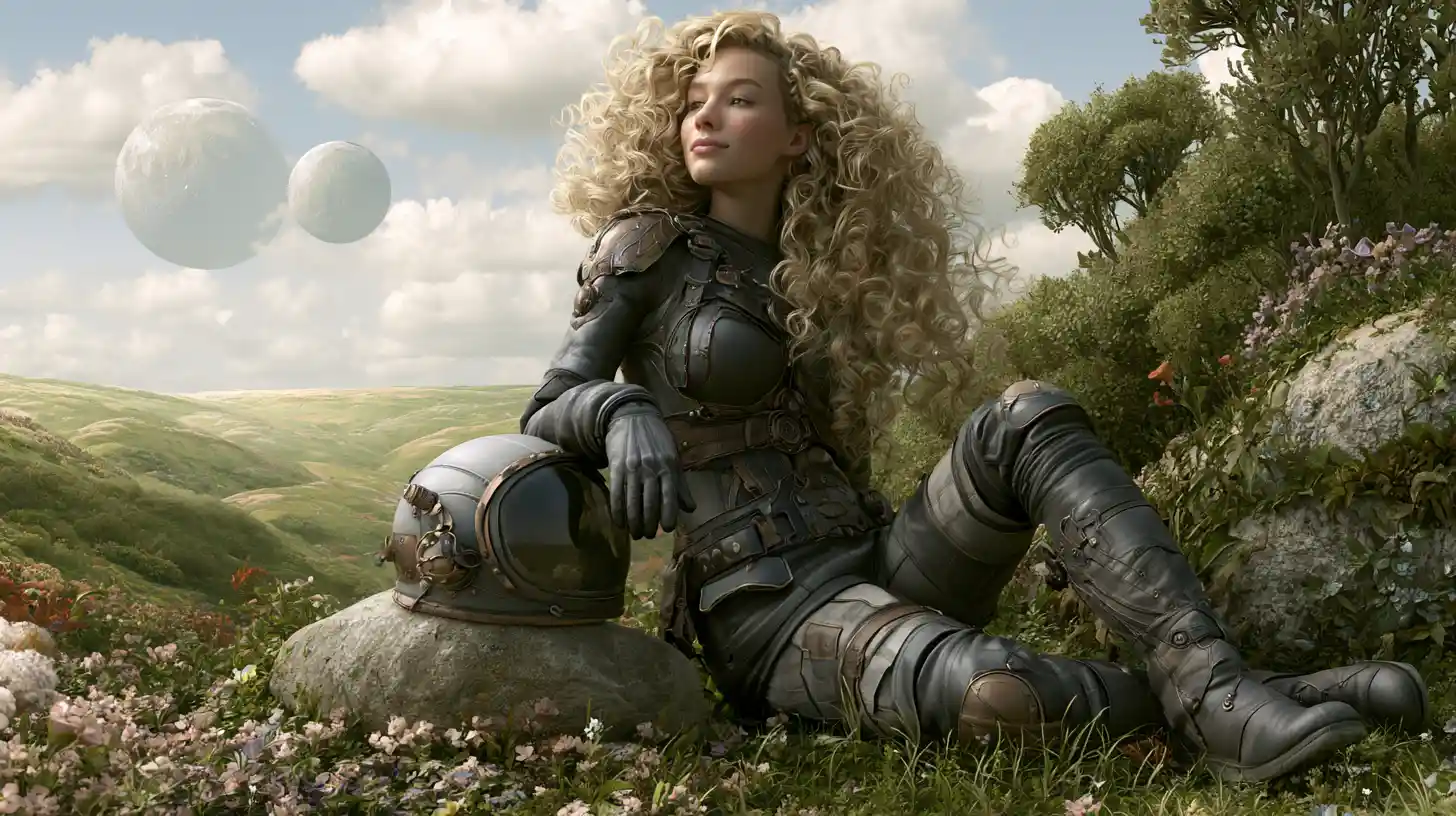 Steampunk woman astronaut on a lush alien world