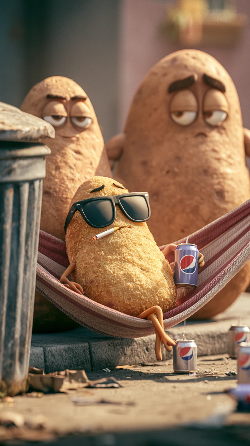 Papa frita relajándose en hamaca en la acera de la ciudad