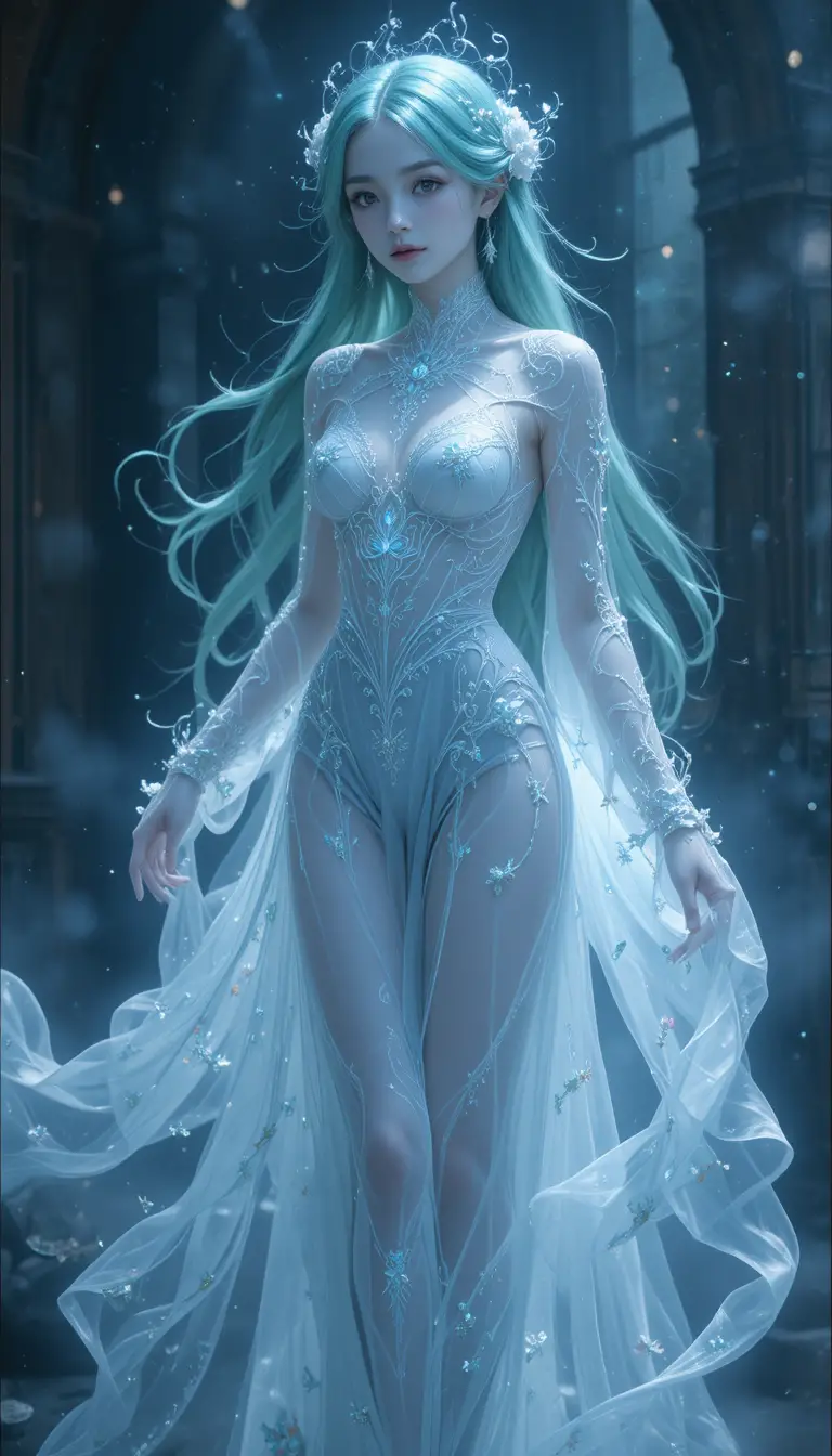 Ethereal anime ghost girl floating in misty veils