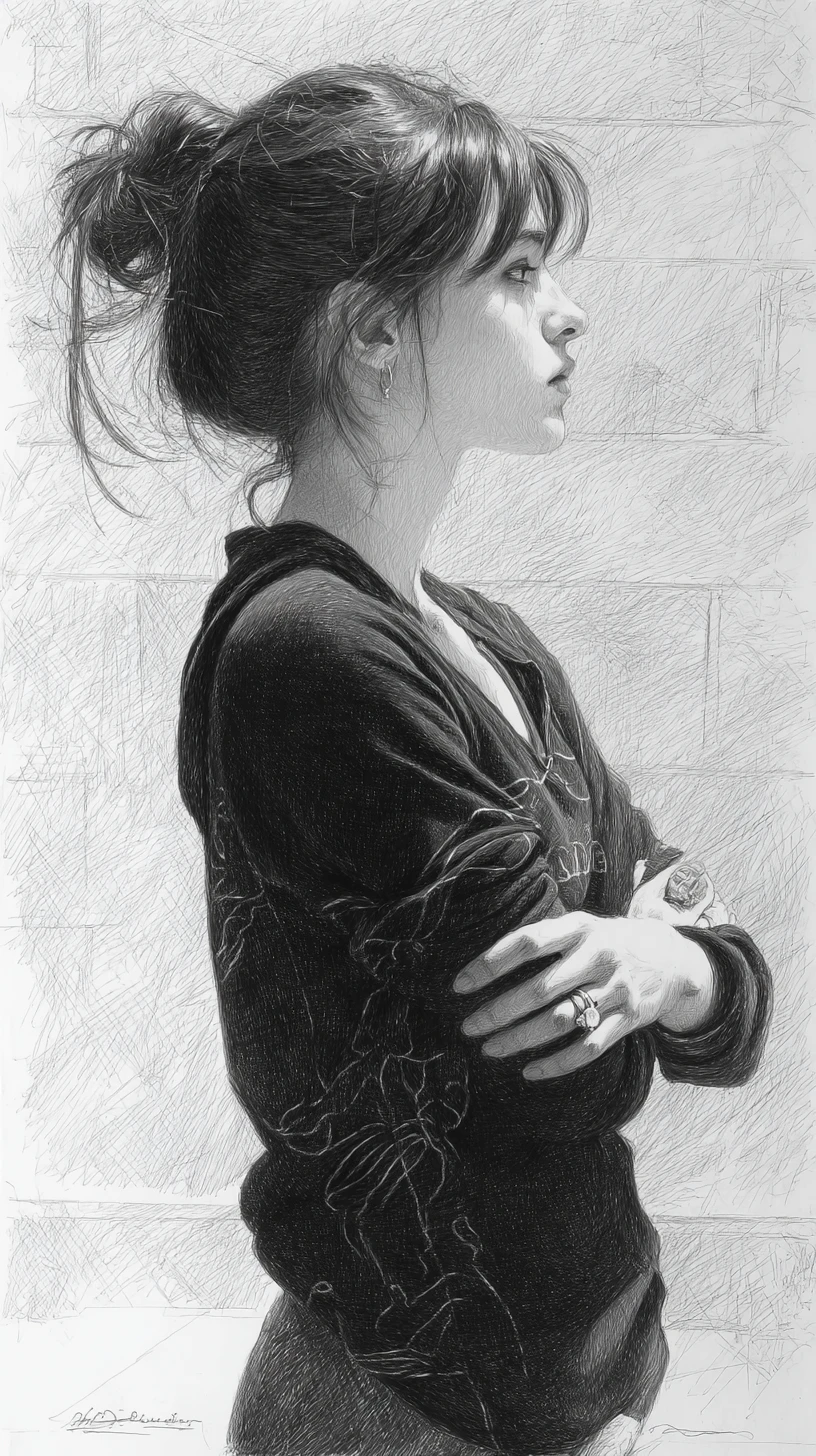 Graphite drawing of focused woman footballer in profile view