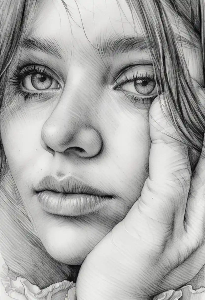 Contemplative girl ink portrait in close up black and white