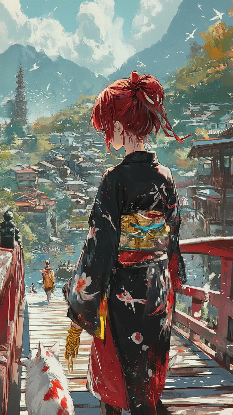 Anime girl with red hair walking on a wooden bridge