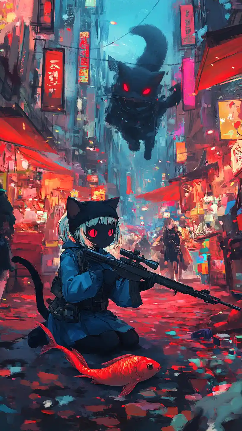Black winged cat running with koi fish in fantasy city