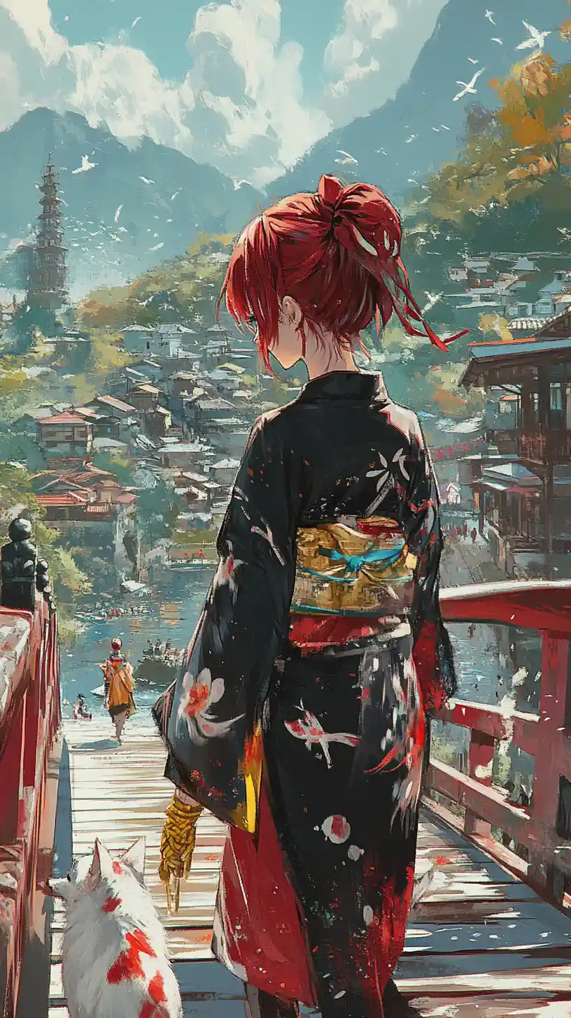 Anime girl with red hair walking on a wooden bridge