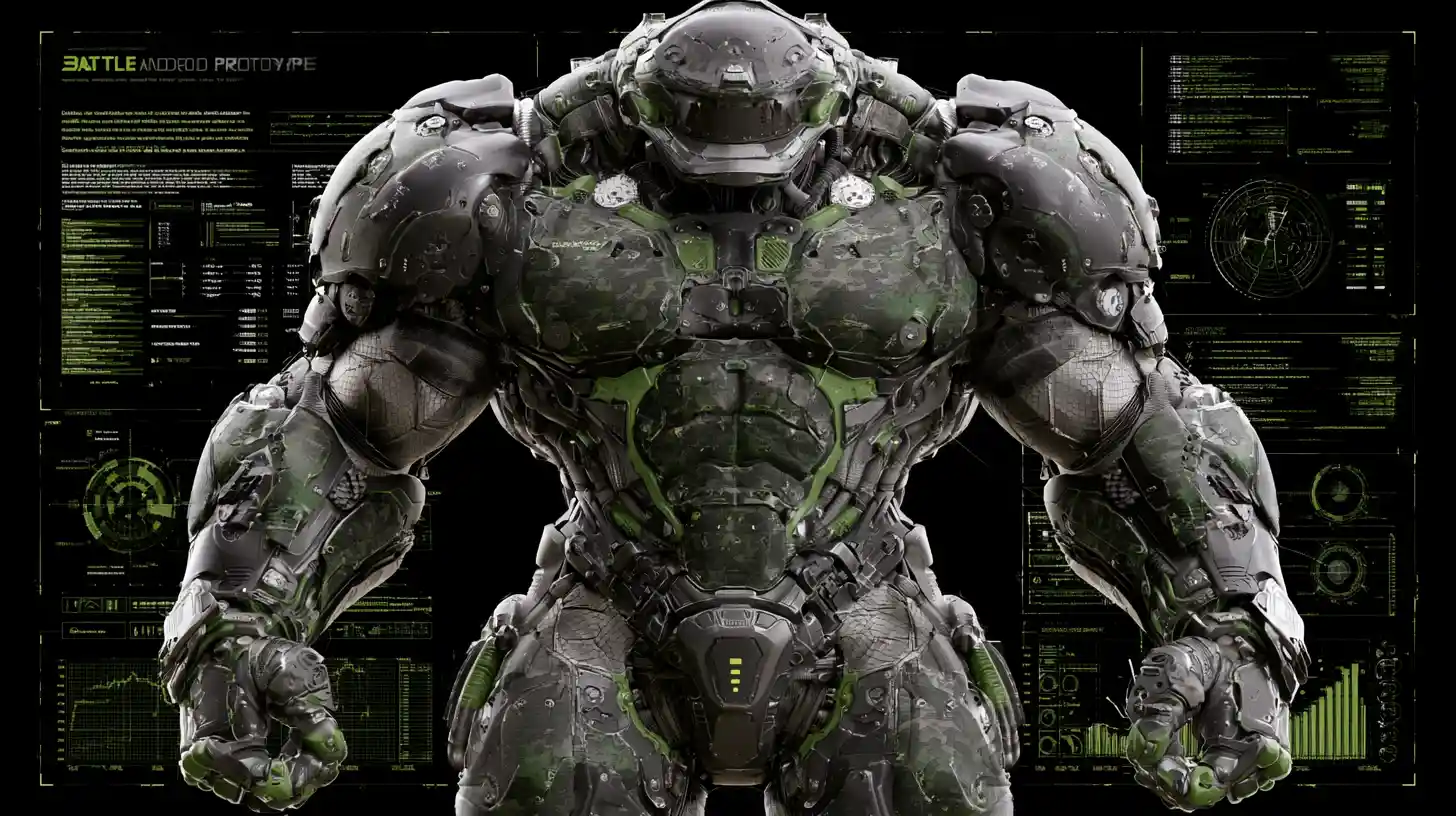 Technical diagrams of a massive battle cyborg prototype