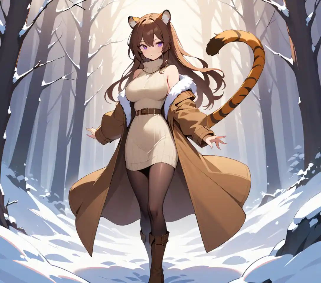 Mujer con orejas de tigre con abrigo de invierno y vestido suéter