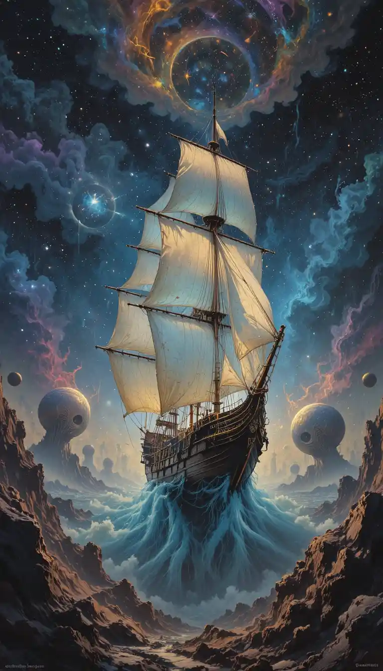 Ghostly galleon sailing through a vibrant cosmic nebula