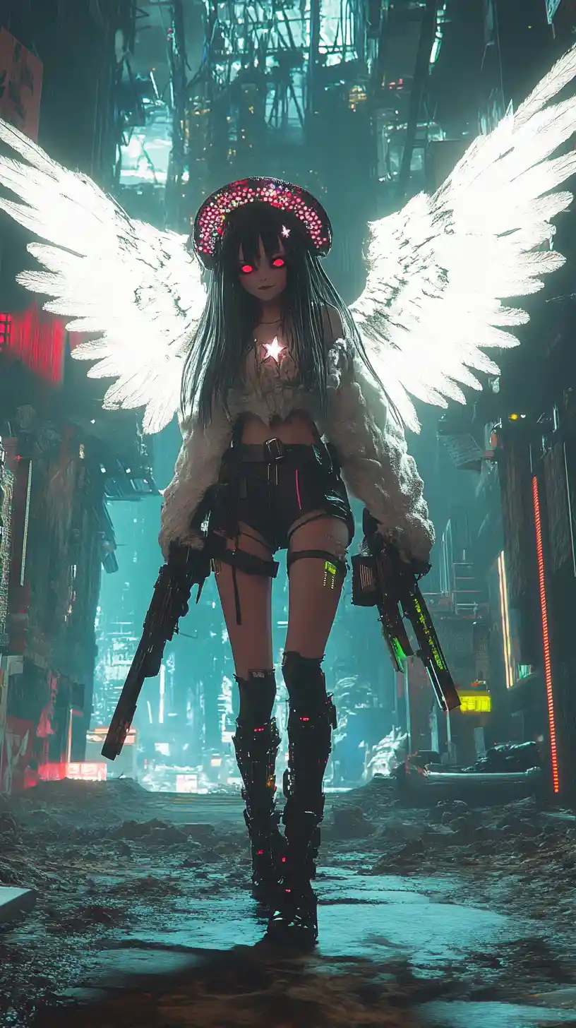Angel winged girl before a dilapidated cyberpunk desert wall