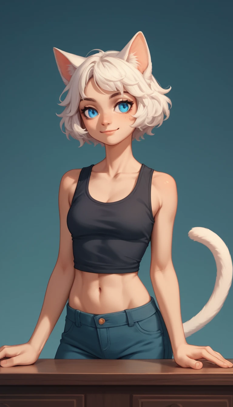 Chica de anime en primer plano con ojos azules y orejas de gato