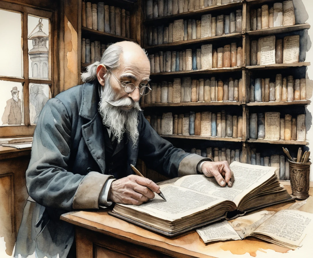 Librero anciano leyendo en una librería antigua en penumbra