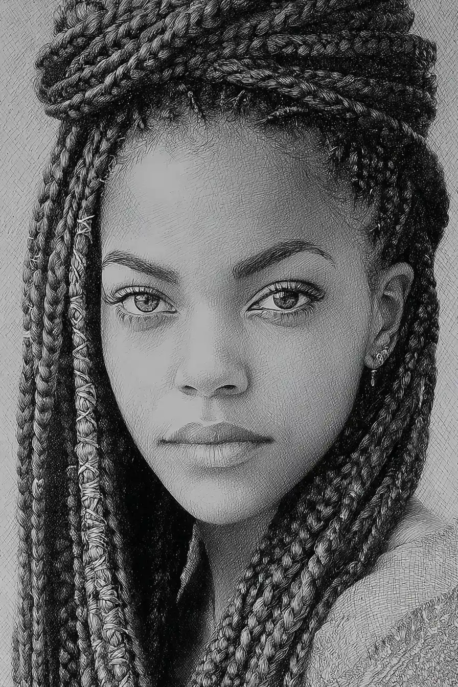 Graphite portrait of a young woman with intense calm gaze