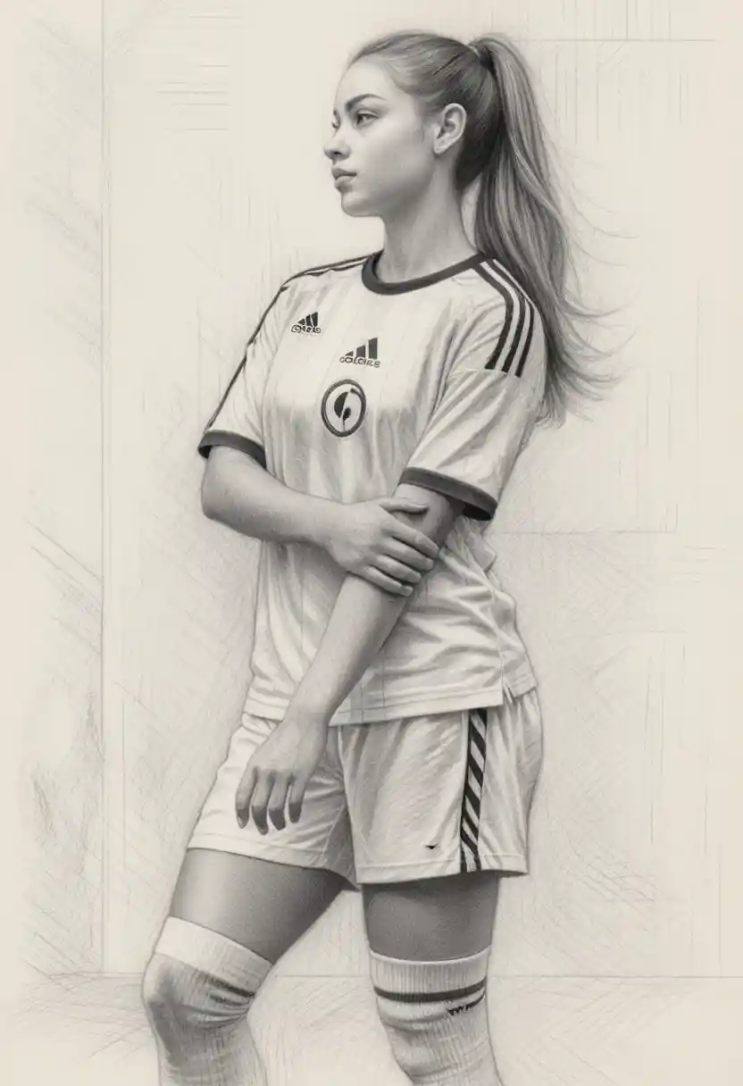 Graphite profile portrait of a focused female football player