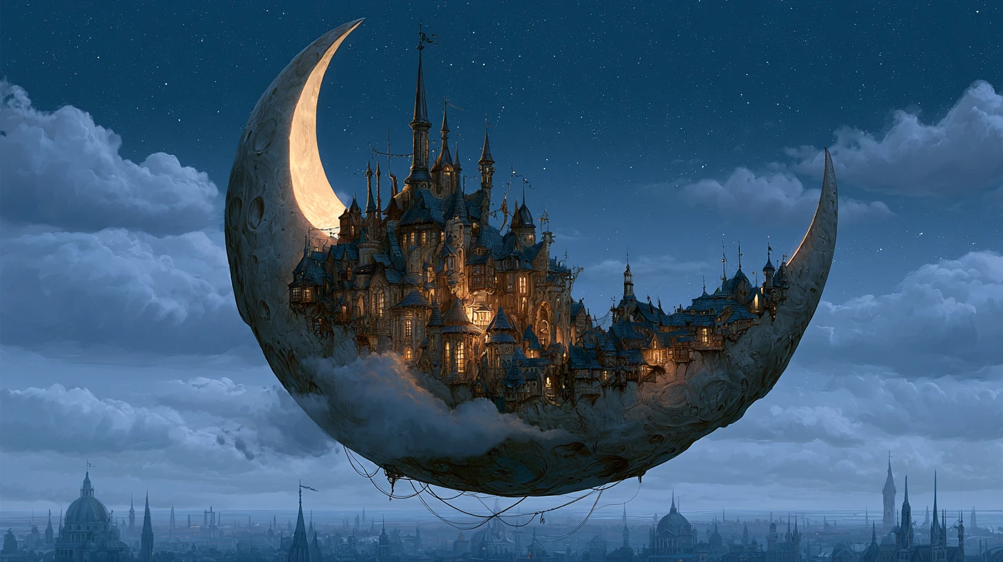 Fantasy city nestled inside a crescent moon in night sky