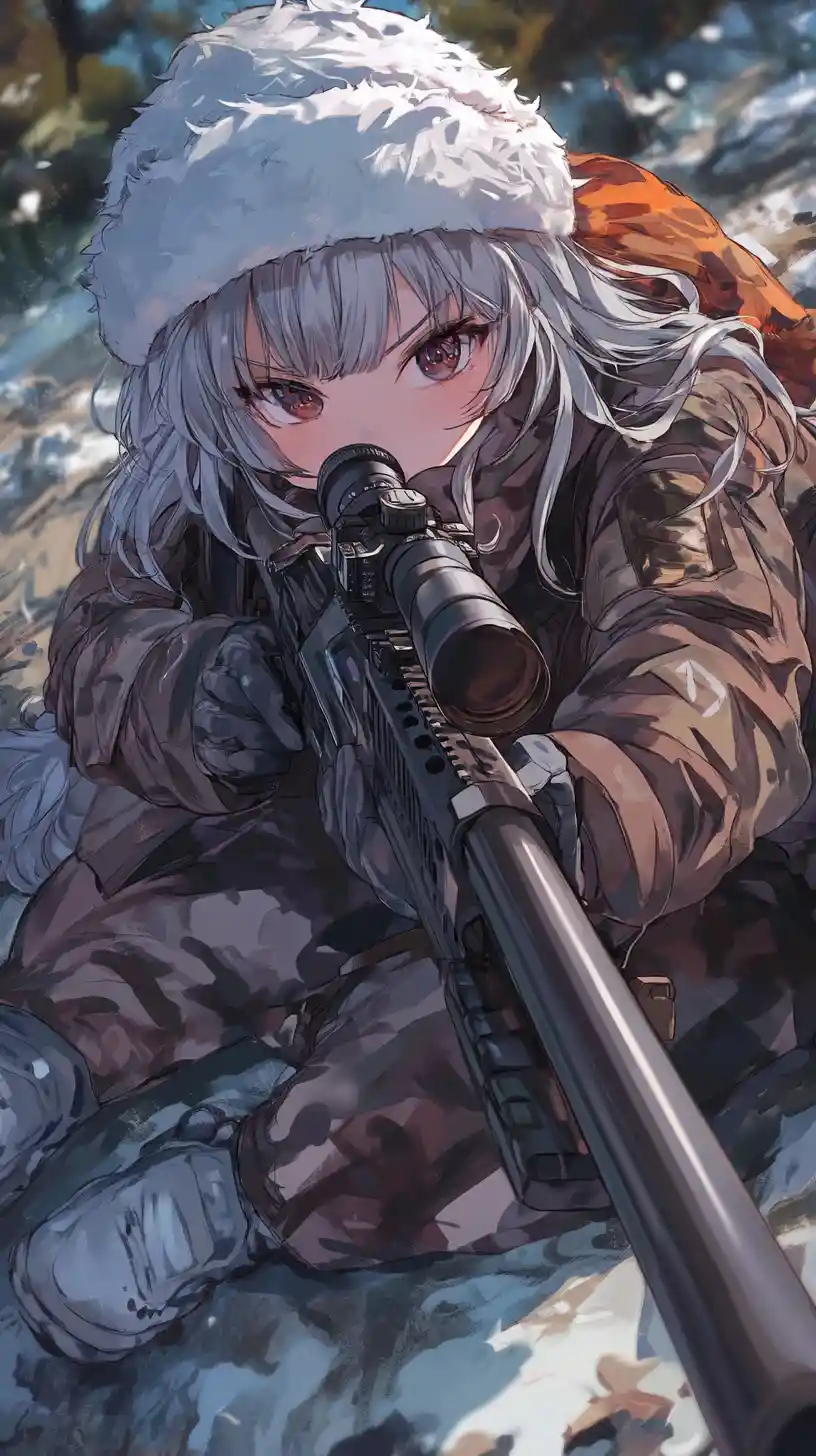 荒野で迷彩に身を潜め狙いを定めるアニメのスナイパー少女