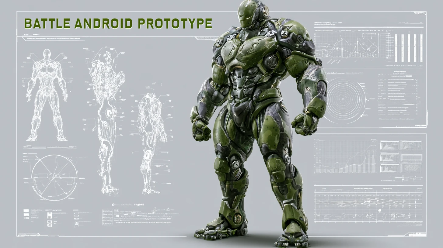 3D engineering diagram of a massive battle cyborg prototype