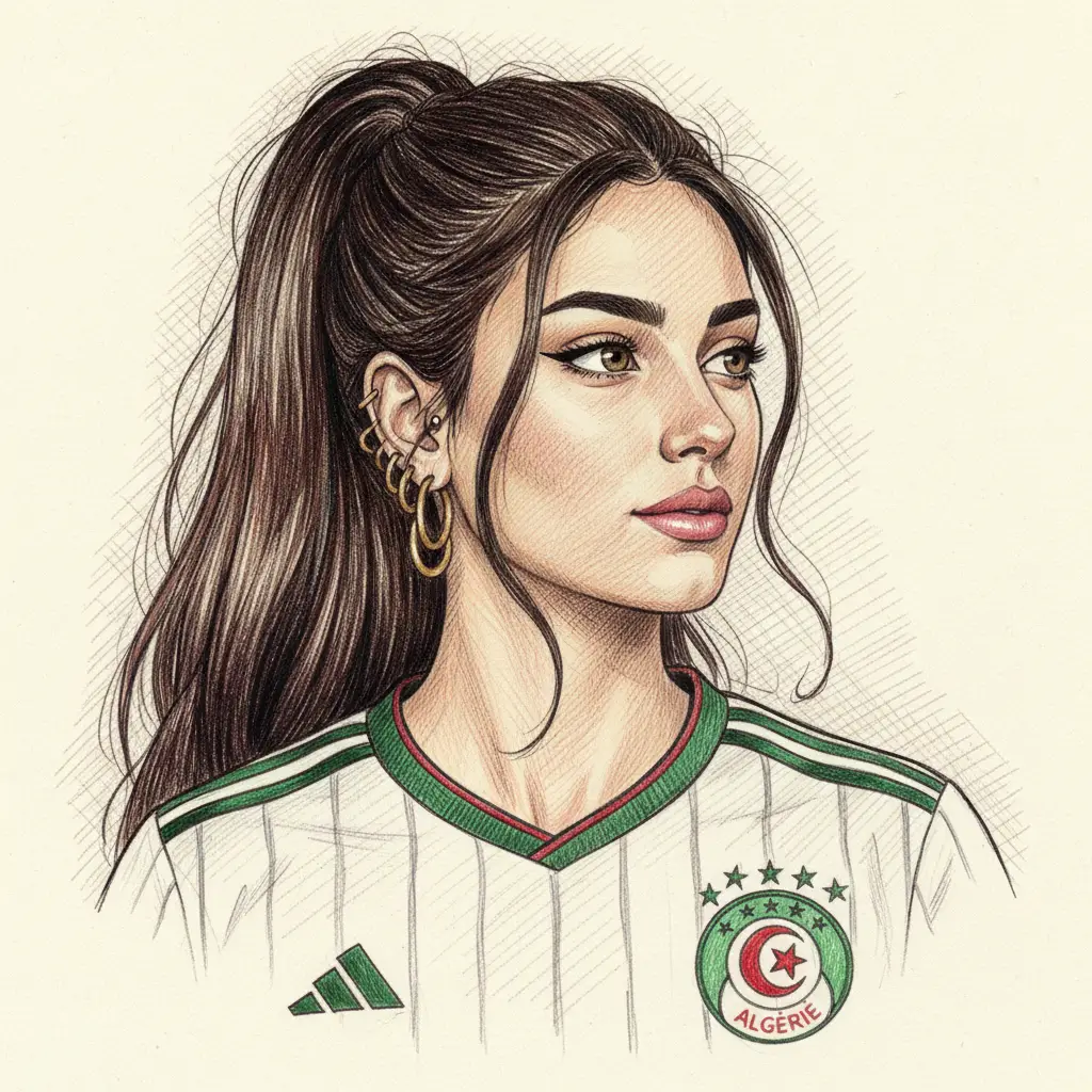 Portrait au stylo d’une fille sereine en maillot de l’Algérie
